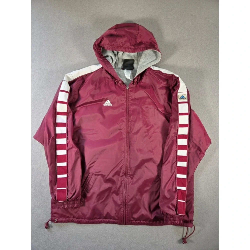 Vintage Adidas Jacket Mens Large Maroon Hooded Full Zip Striped Team Lined 90s